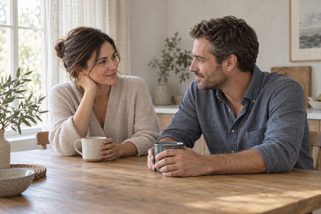 Couple sharing a calm conversation at a table