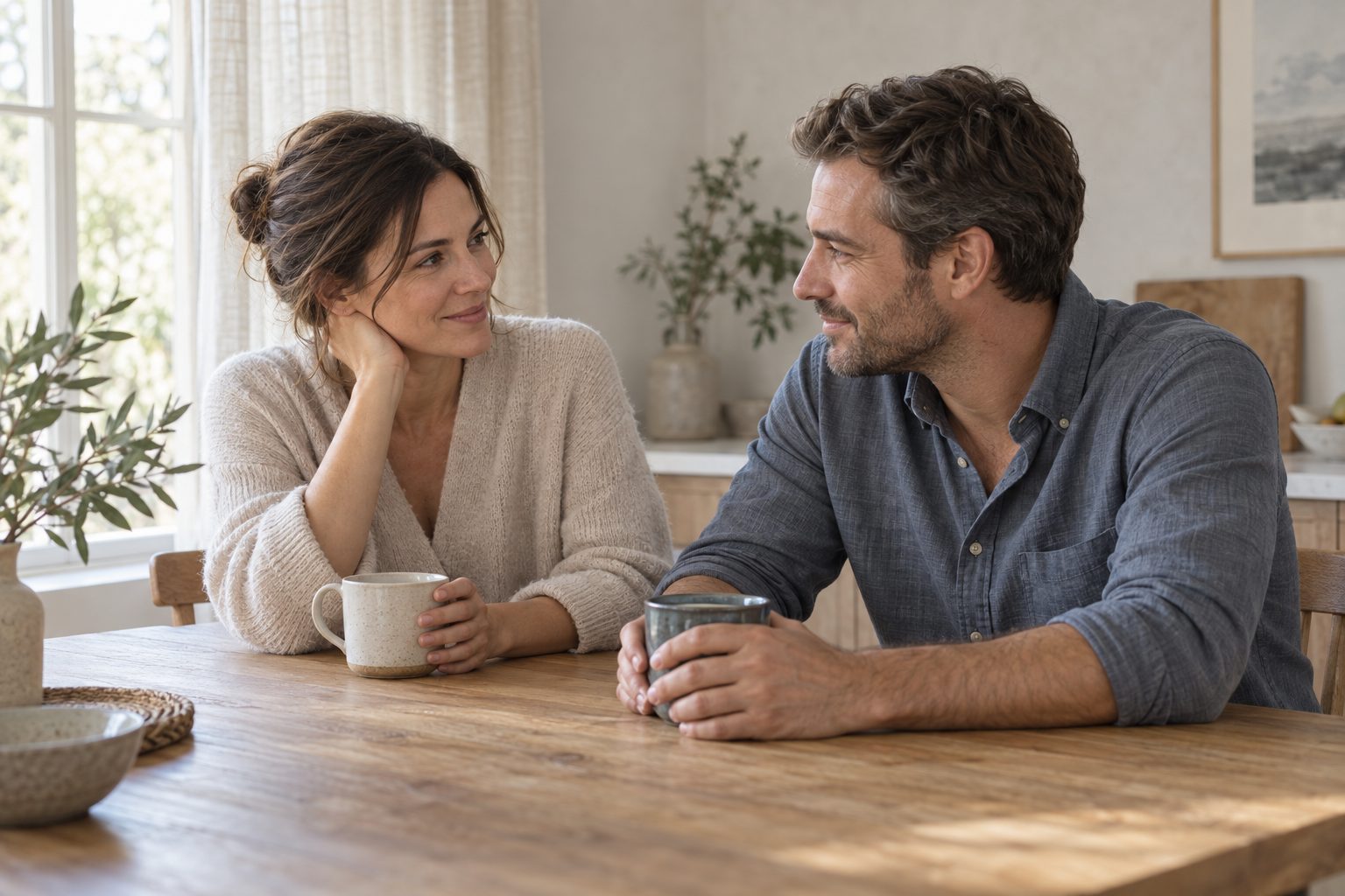 Couple sharing a calm conversation at a table