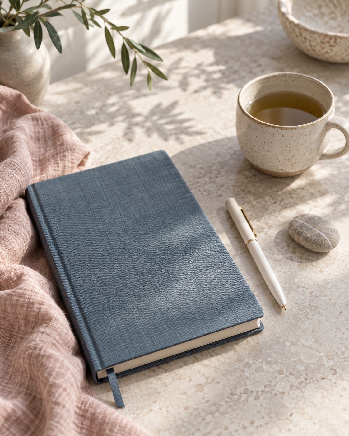 Slate blue journal, tea and a grounding stone on a light tabletop