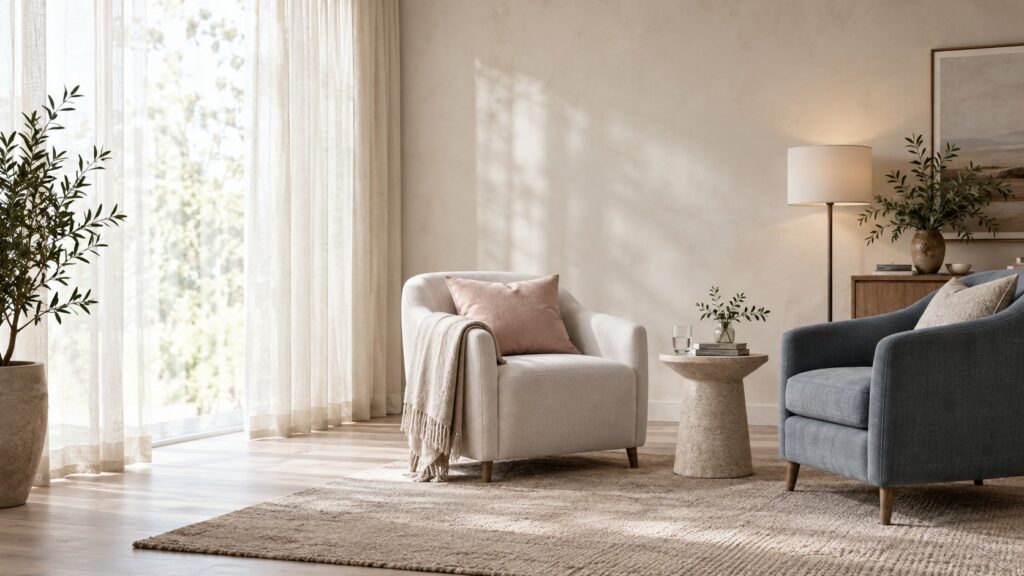 Calm counseling room with soft armchairs and natural light