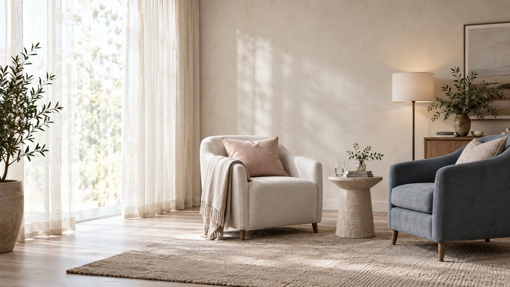 Calm counseling room with soft armchairs and natural light