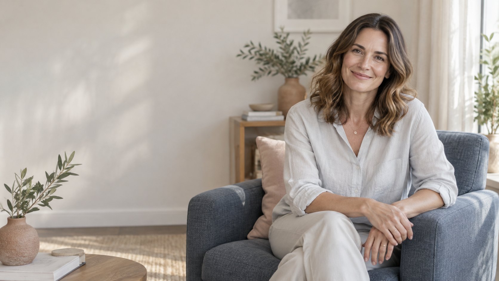 Therapist smiling in a calm, light-filled counseling room