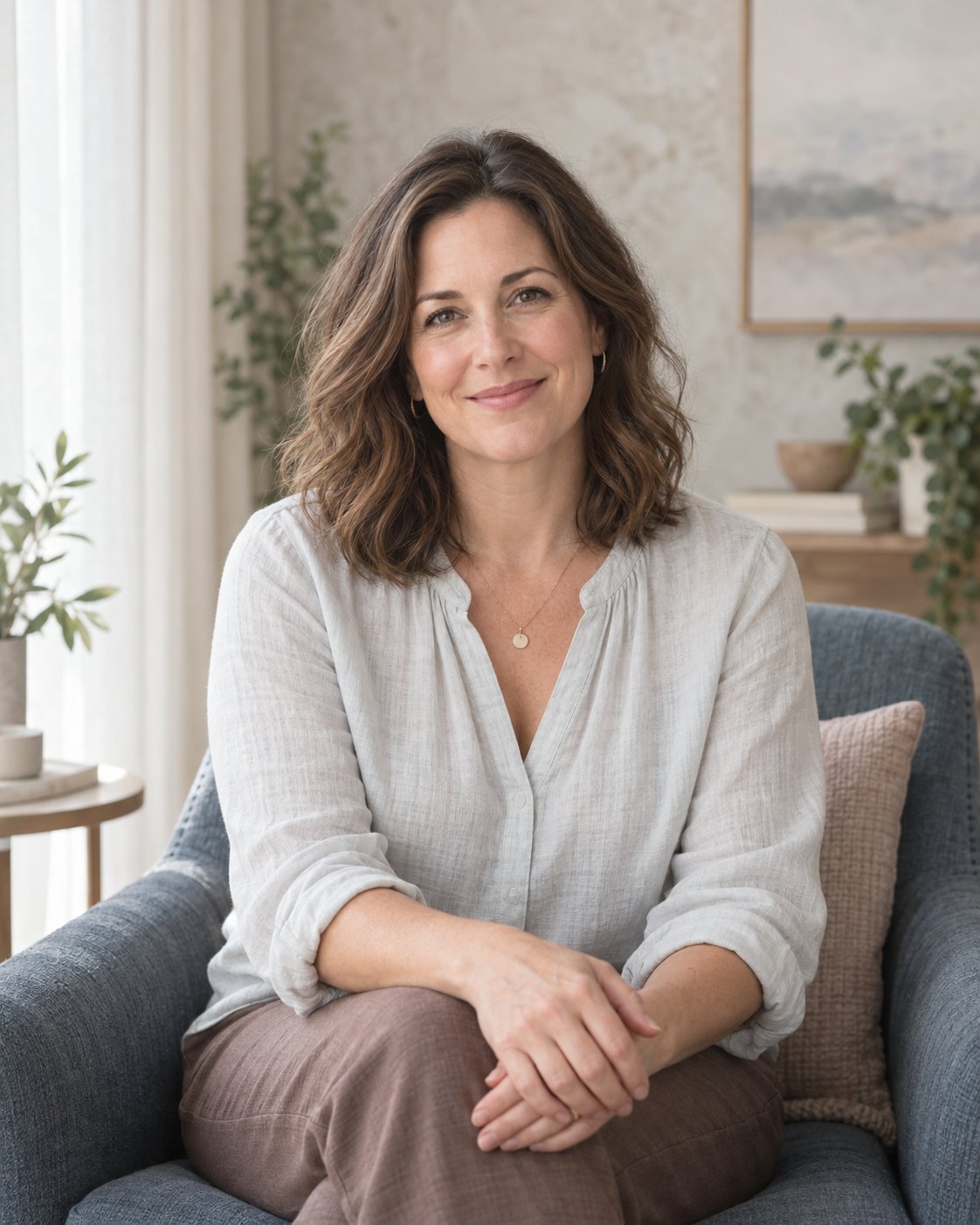 Laura Bennett, therapist, seated in a calm counseling room