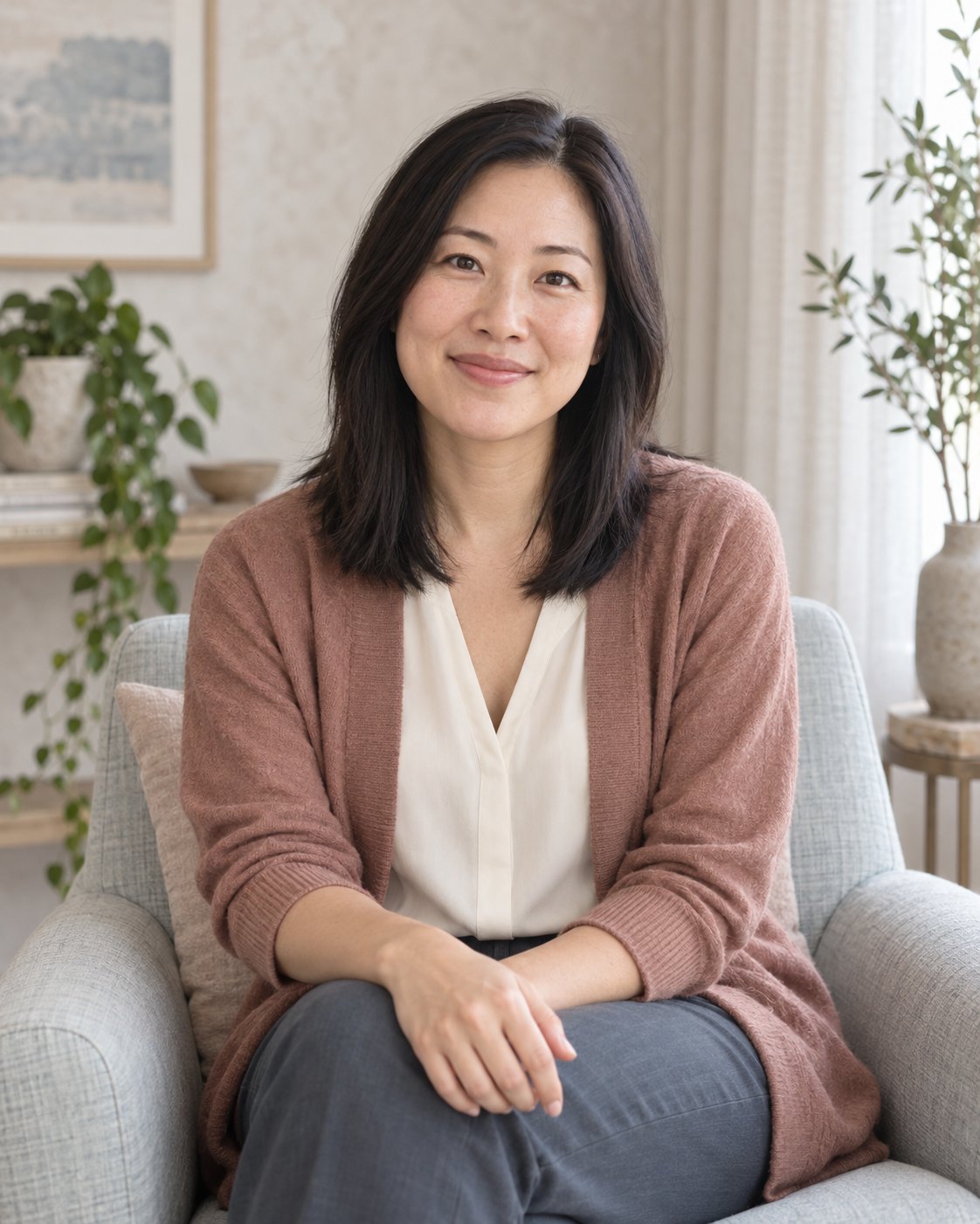 Maya Chen, therapist, seated in a calm counseling room