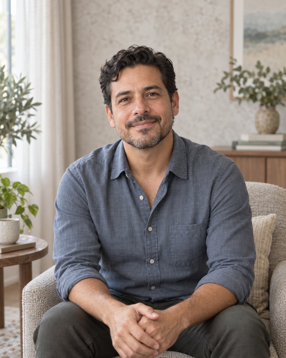 Daniel Ortiz, therapist, seated in a calm counseling room