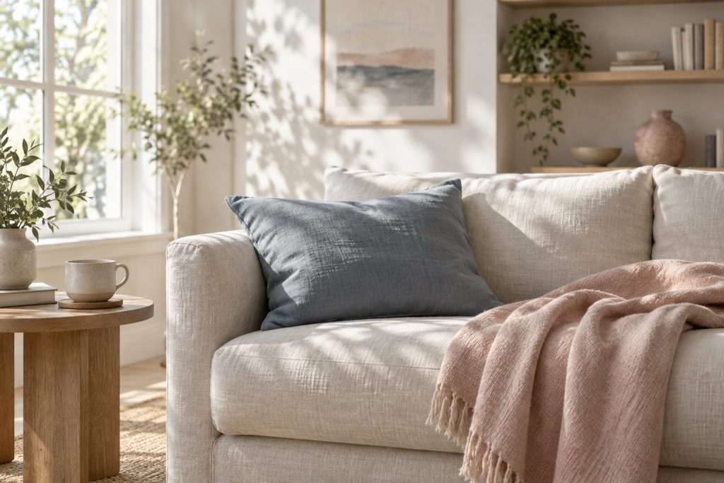 Quiet linen sofa with blush throw and slate blue cushion