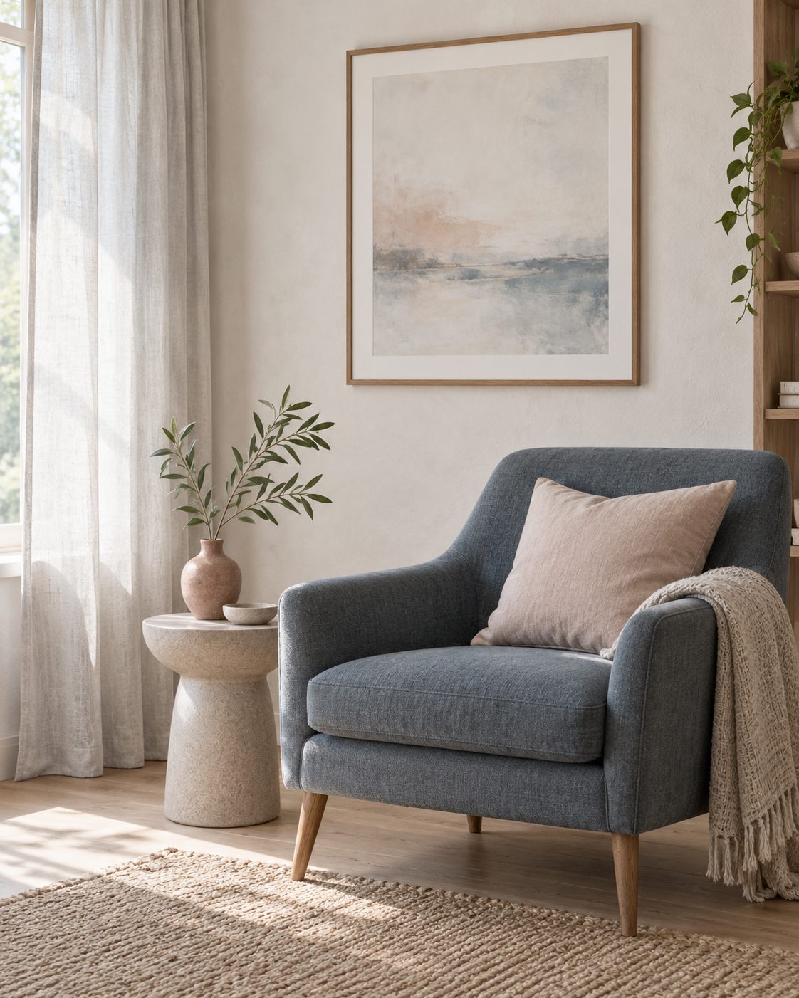 Slate blue armchair and blush cushion in a calm therapy studio